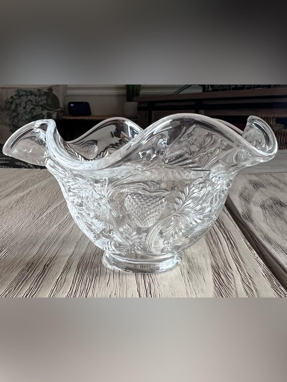 Fenton Strawberry Vine Clear Glass Ruffled Candy Dish Bowl Vintage 1990s